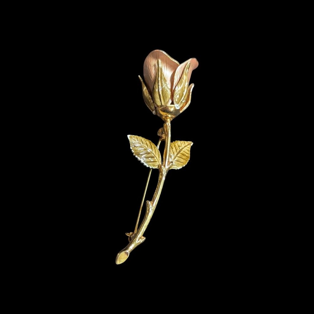 Rose Bud Flower‎ Brooch Pin With Pink Accents  gold tone Vintage Jewelry